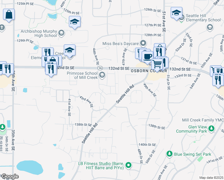map of restaurants, bars, coffee shops, grocery stores, and more near 13417 45th Avenue Southeast in Mill Creek