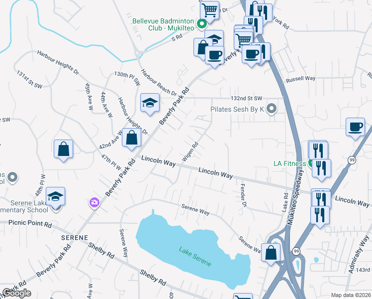 map of restaurants, bars, coffee shops, grocery stores, and more near 13522 Wigen Road in Lynnwood
