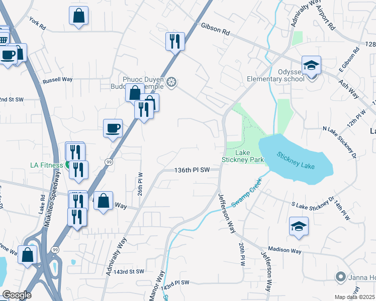 map of restaurants, bars, coffee shops, grocery stores, and more near 13421 Admiralty Way in Lynnwood