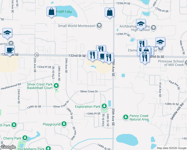 map of restaurants, bars, coffee shops, grocery stores, and more near 13413 32nd Drive Southeast in Mill Creek