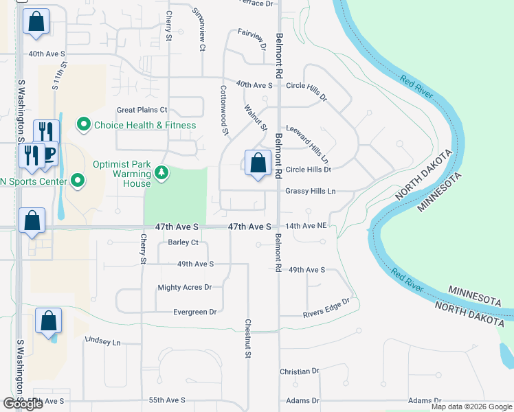 map of restaurants, bars, coffee shops, grocery stores, and more near 4610 Belmont Rd in Grand Forks