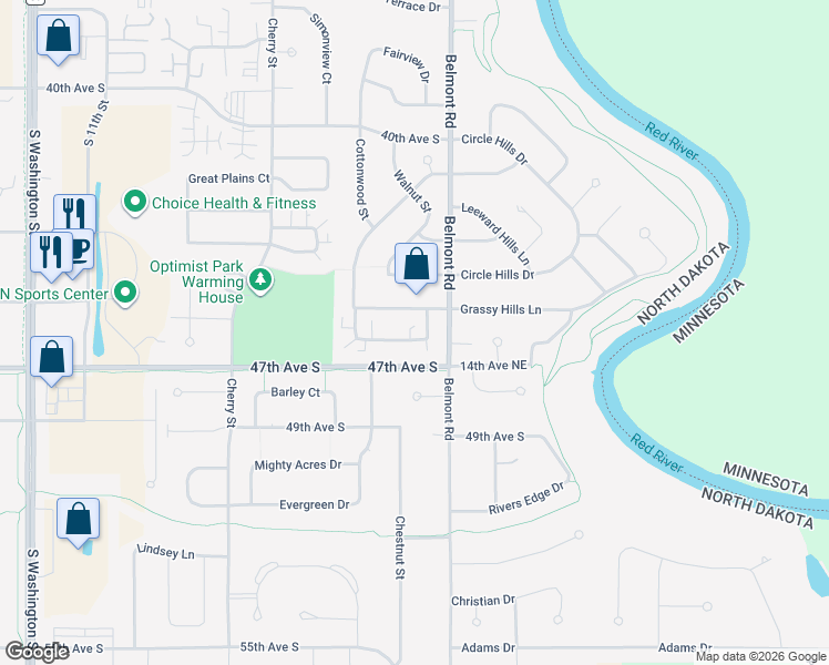 map of restaurants, bars, coffee shops, grocery stores, and more near 4610 Belmont Rd in Grand Forks
