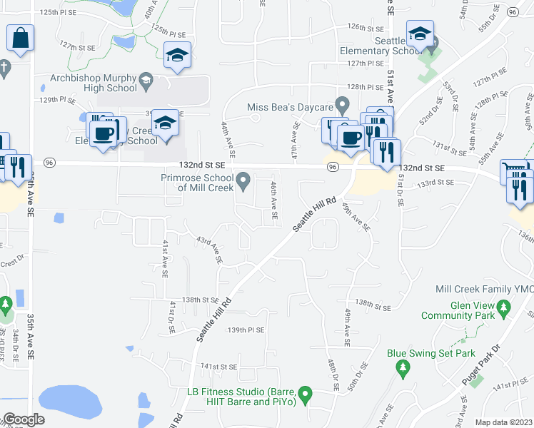 map of restaurants, bars, coffee shops, grocery stores, and more near 13415 46th Avenue Southeast in Mill Creek