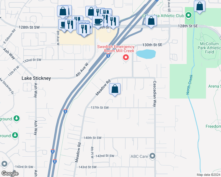 map of restaurants, bars, coffee shops, grocery stores, and more near 13415 Meadow Road in Everett