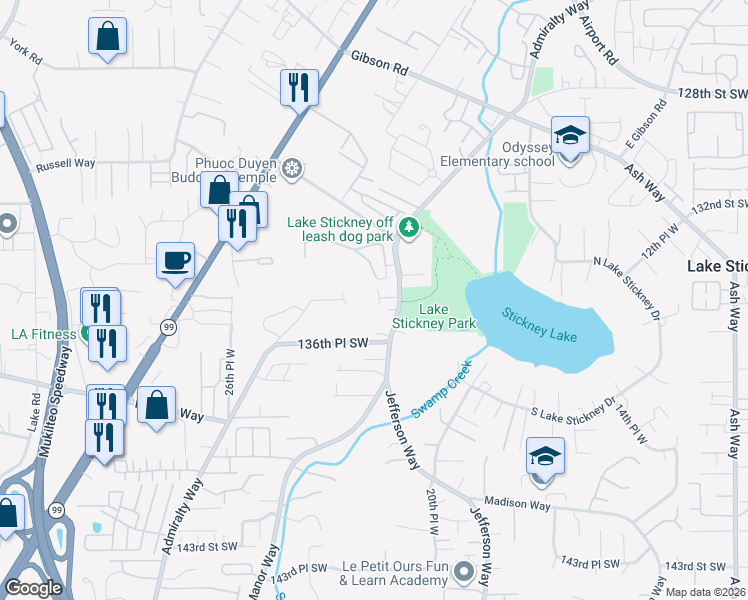 map of restaurants, bars, coffee shops, grocery stores, and more near 13420 Manor Way in Lynnwood
