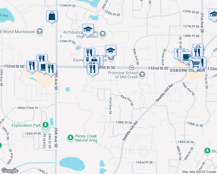 map of restaurants, bars, coffee shops, grocery stores, and more near 13425 40th Avenue Southeast in Mill Creek