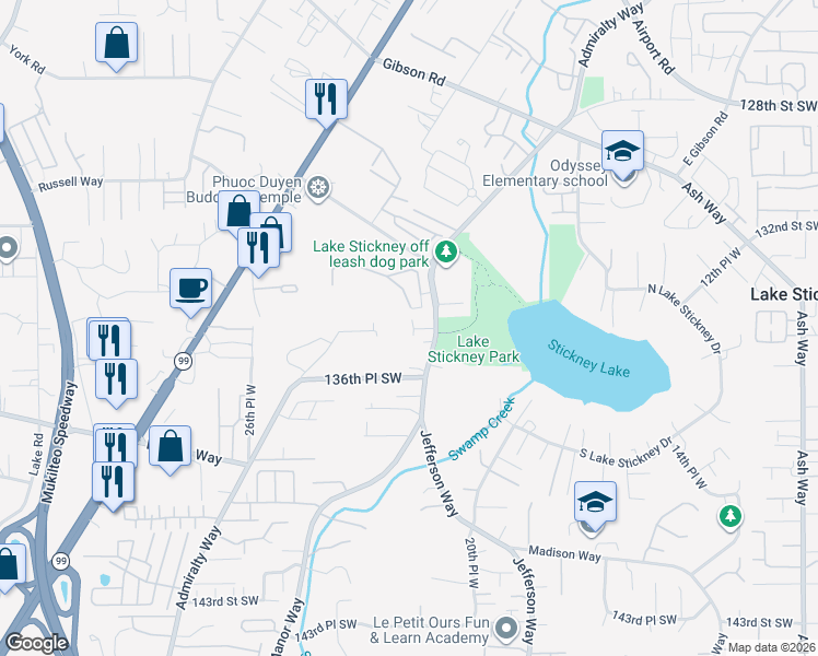 map of restaurants, bars, coffee shops, grocery stores, and more near 13518 Manor Way in Lynnwood