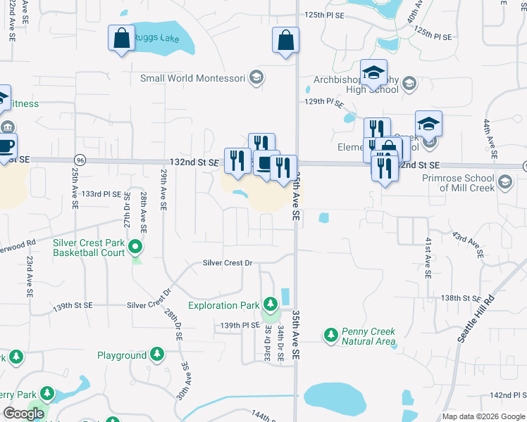 map of restaurants, bars, coffee shops, grocery stores, and more near 3317 134th Place Southeast in Mill Creek
