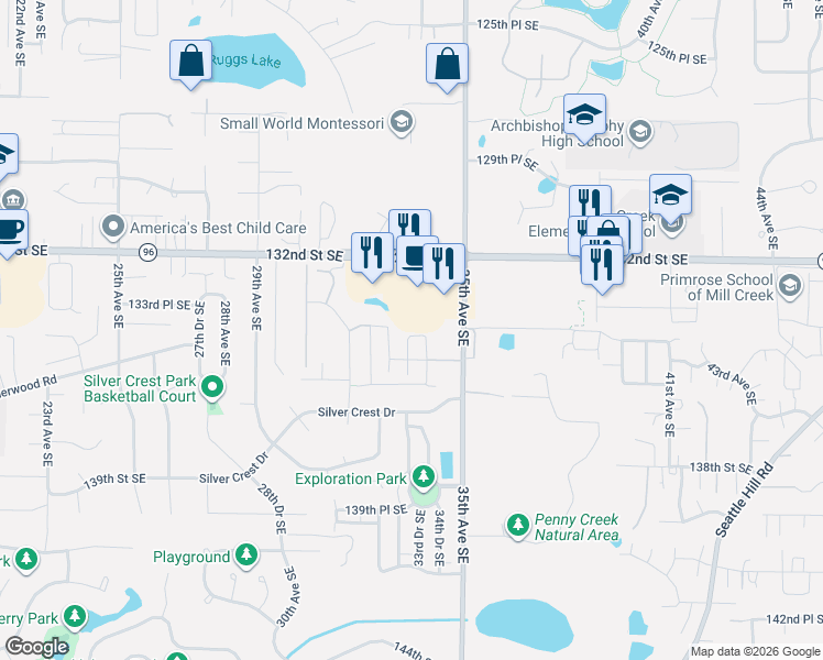 map of restaurants, bars, coffee shops, grocery stores, and more near 13424 34th Avenue Southeast in Mill Creek