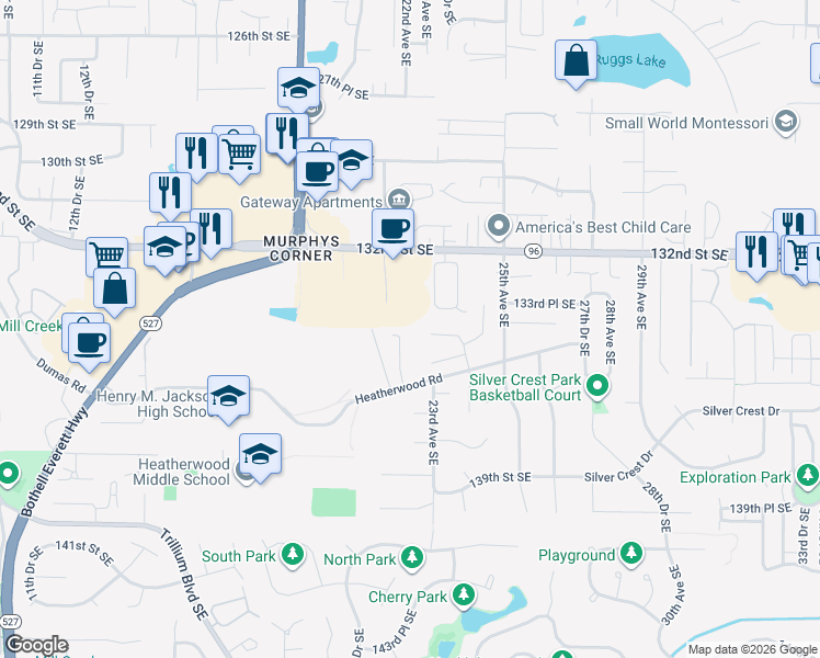 map of restaurants, bars, coffee shops, grocery stores, and more near 13411 22nd Avenue Southeast in Mill Creek