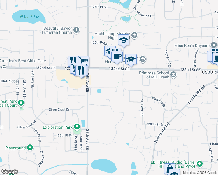 map of restaurants, bars, coffee shops, grocery stores, and more near 3813 134th Street Southeast in Mill Creek