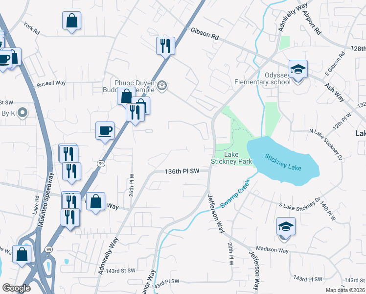 map of restaurants, bars, coffee shops, grocery stores, and more near 13421 Admiralty Way in Lynnwood