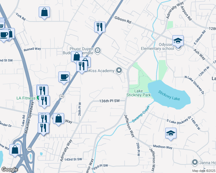 map of restaurants, bars, coffee shops, grocery stores, and more near 13421 Admiralty Way in Lynnwood