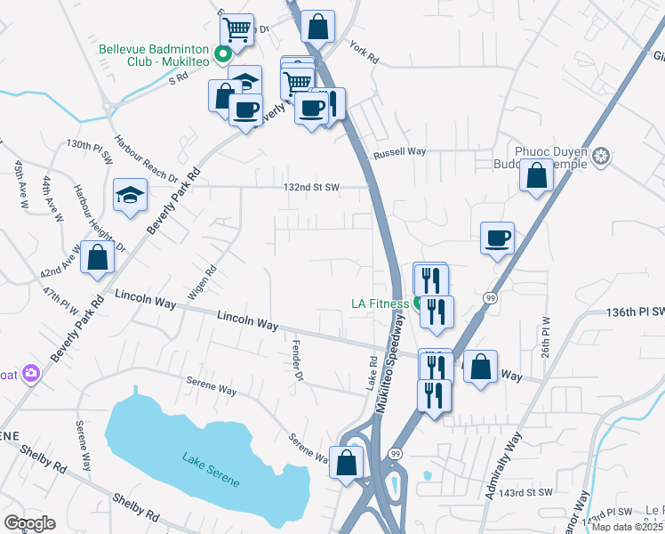 map of restaurants, bars, coffee shops, grocery stores, and more near 3411 134th Place Southwest in Lynnwood