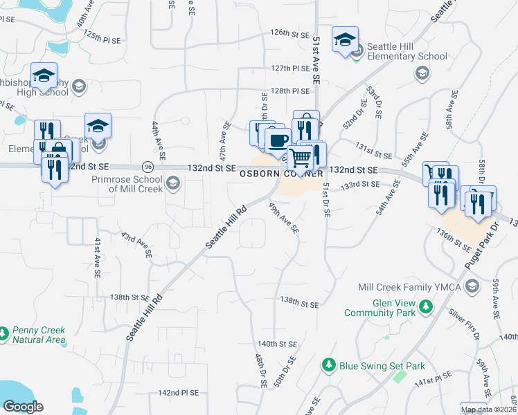 map of restaurants, bars, coffee shops, grocery stores, and more near 13329 Seattle Hill Road in Snohomish