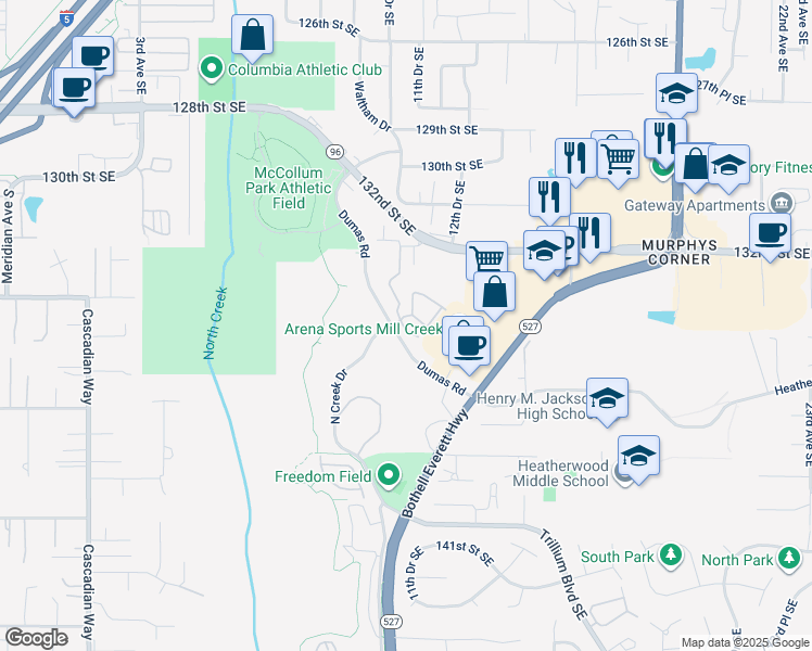 map of restaurants, bars, coffee shops, grocery stores, and more near 13401 Dumas Road in Mill Creek