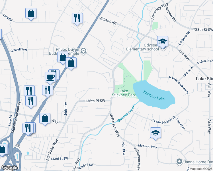 map of restaurants, bars, coffee shops, grocery stores, and more near 13518 Manor Way in Lynnwood