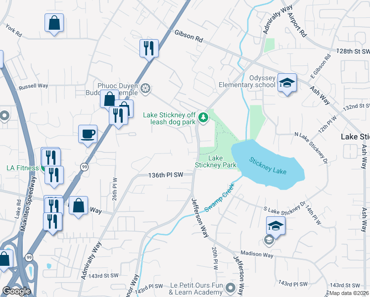 map of restaurants, bars, coffee shops, grocery stores, and more near 13518 Manor Way in Lynnwood