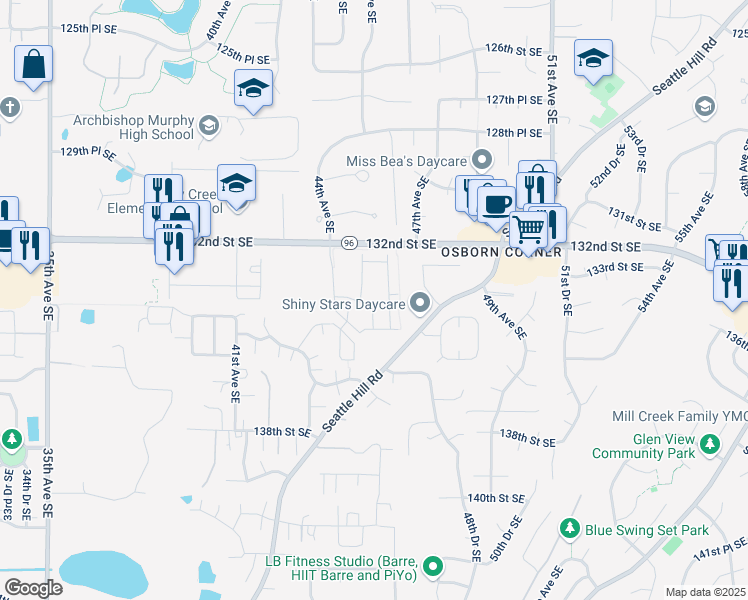map of restaurants, bars, coffee shops, grocery stores, and more near 4425 135th Place Southeast in Mill Creek