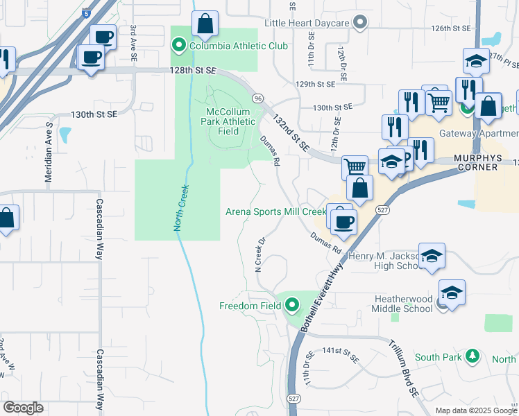 map of restaurants, bars, coffee shops, grocery stores, and more near North Creek Trail in Mill Creek