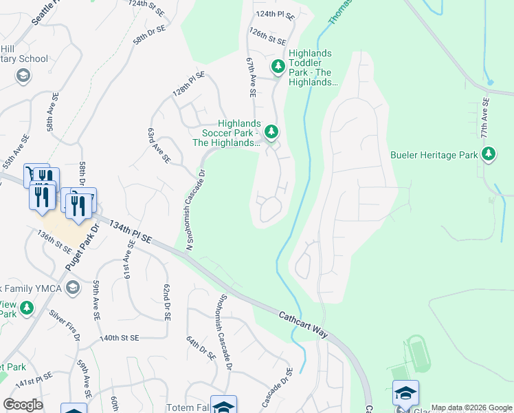 map of restaurants, bars, coffee shops, grocery stores, and more near 6623 133rd Street Southeast in Snohomish