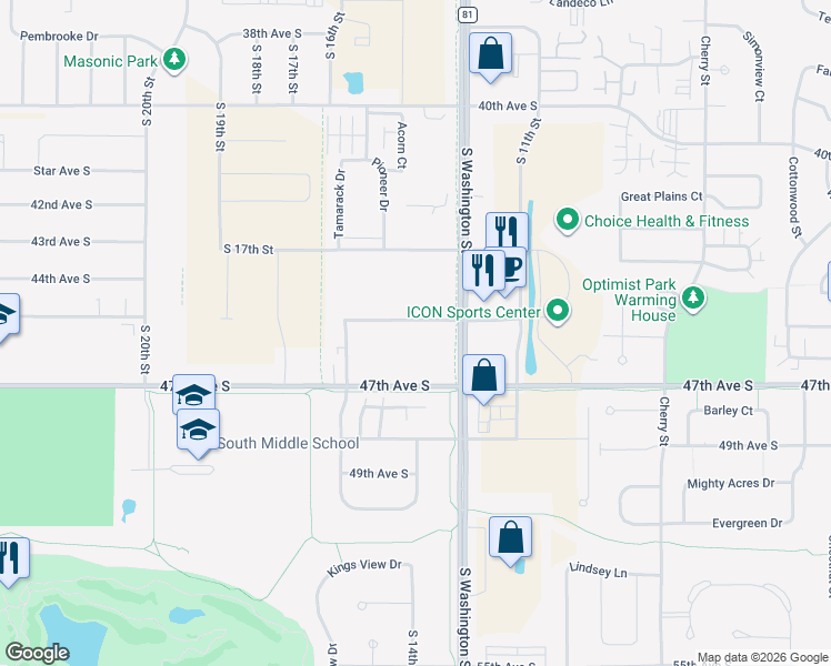 map of restaurants, bars, coffee shops, grocery stores, and more near 4500 South Washington Street in Grand Forks