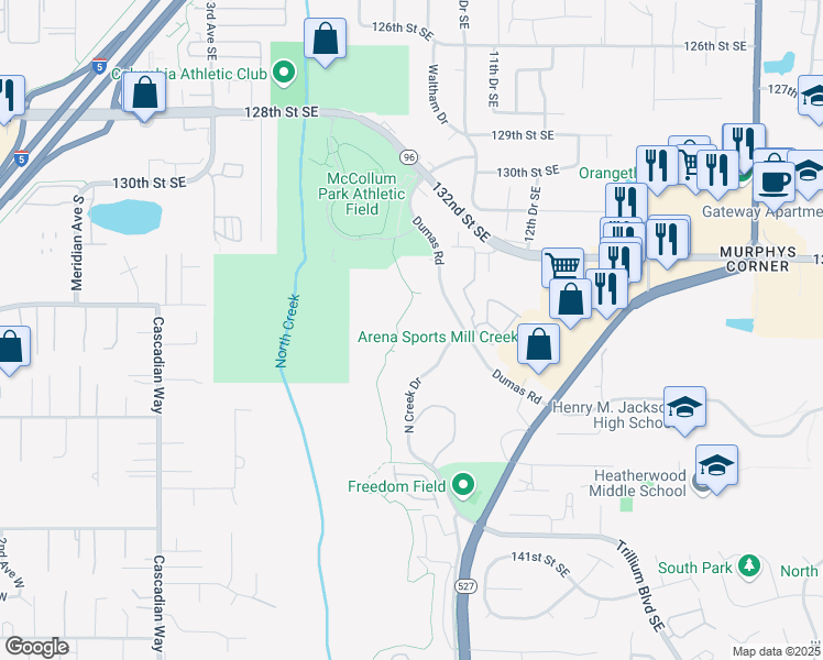 map of restaurants, bars, coffee shops, grocery stores, and more near North Creek Trail in Mill Creek