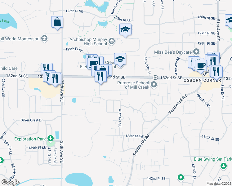 map of restaurants, bars, coffee shops, grocery stores, and more near 4008 132nd Street Southeast in Mill Creek