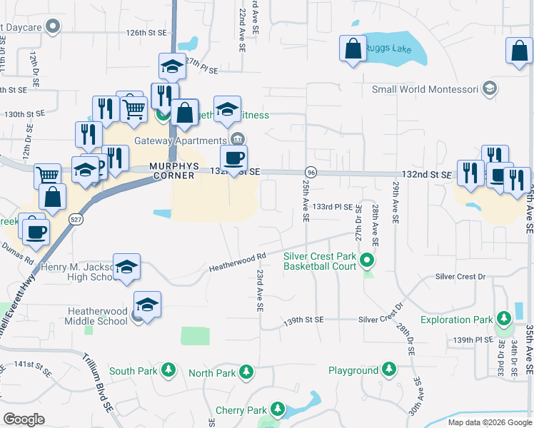 map of restaurants, bars, coffee shops, grocery stores, and more near 13307 23rd Drive Southeast in Mill Creek