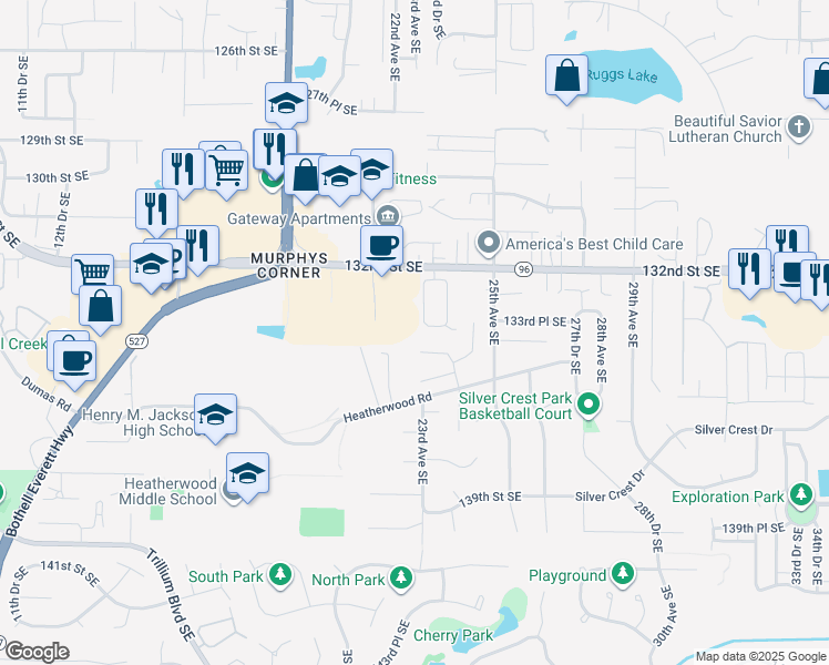 map of restaurants, bars, coffee shops, grocery stores, and more near in Mill Creek