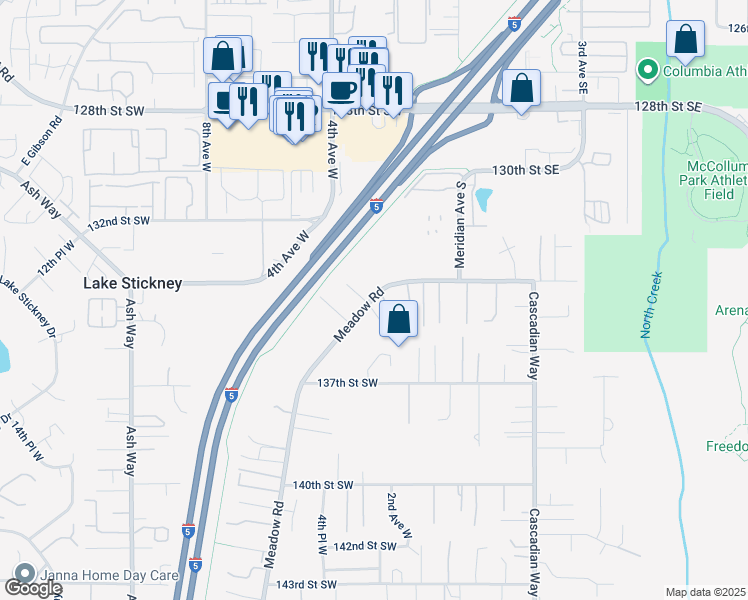 map of restaurants, bars, coffee shops, grocery stores, and more near 219 Meadow Place Southeast in Everett