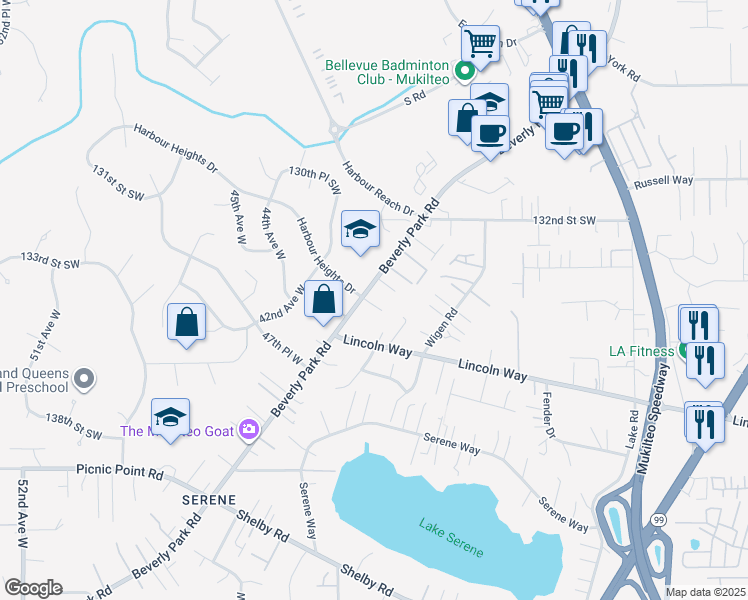 map of restaurants, bars, coffee shops, grocery stores, and more near 13320 Beverly Park Road in Mukilteo