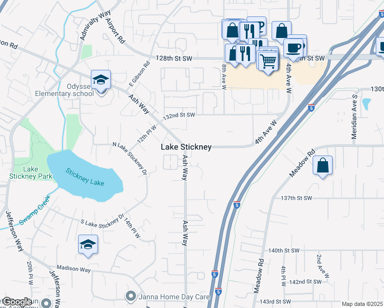 map of restaurants, bars, coffee shops, grocery stores, and more near in Lake Stickney