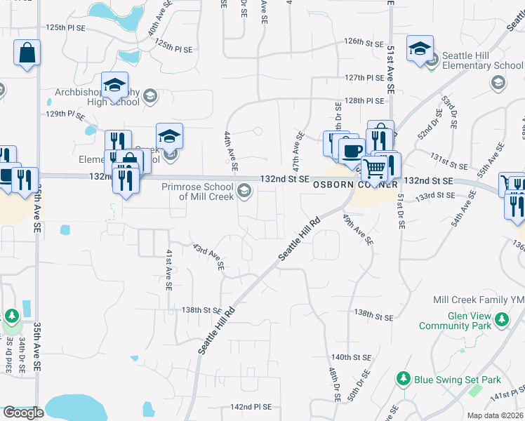 map of restaurants, bars, coffee shops, grocery stores, and more near 13315 45th Avenue Southeast in Mill Creek