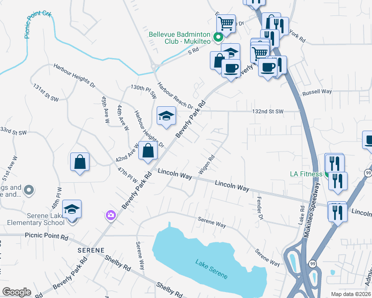 map of restaurants, bars, coffee shops, grocery stores, and more near 4008 134th Street Southwest in Lynnwood