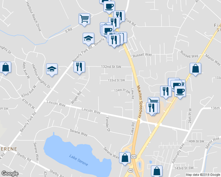 map of restaurants, bars, coffee shops, grocery stores, and more near 3411 134th Place Southwest in Lynnwood