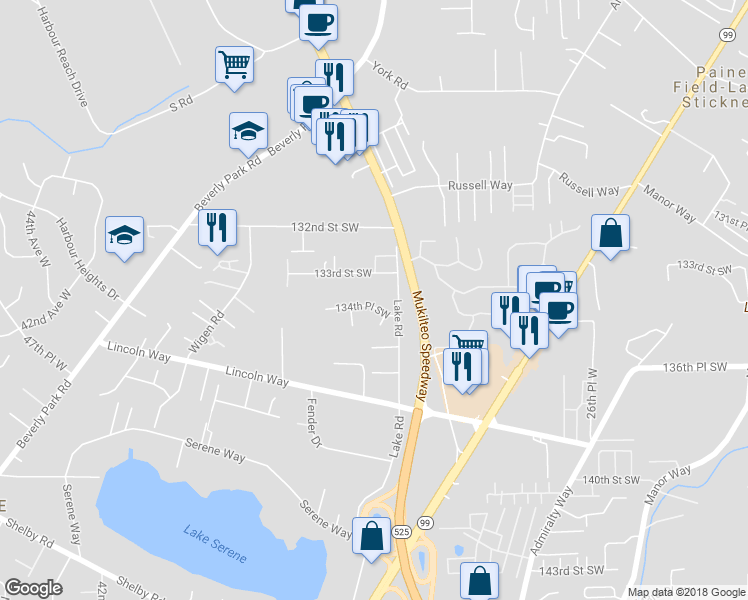 map of restaurants, bars, coffee shops, grocery stores, and more near 3219 134th Place Southwest in Lynnwood