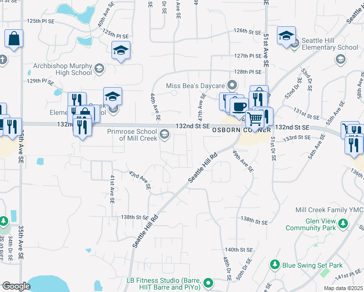 map of restaurants, bars, coffee shops, grocery stores, and more near 13307 46th Avenue Southeast in Mill Creek