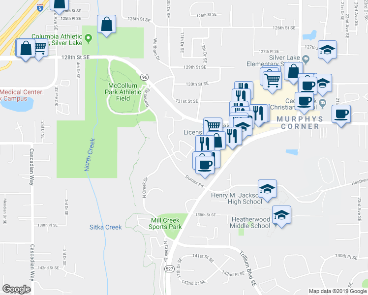 map of restaurants, bars, coffee shops, grocery stores, and more near 13400 Dumas Road in Mill Creek