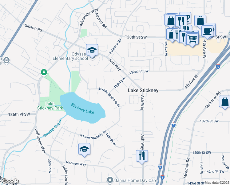 map of restaurants, bars, coffee shops, grocery stores, and more near 13318 12th Place West in Everett