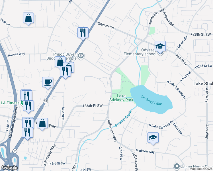 map of restaurants, bars, coffee shops, grocery stores, and more near 13313 21st Place West in Lynnwood