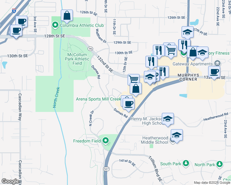 map of restaurants, bars, coffee shops, grocery stores, and more near 13400 Dumas Road in Mill Creek