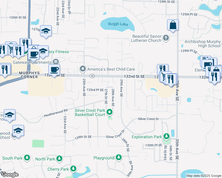 map of restaurants, bars, coffee shops, grocery stores, and more near 13231 28th Avenue Southeast in Mill Creek