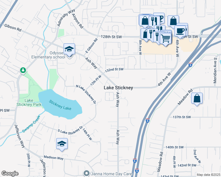 map of restaurants, bars, coffee shops, grocery stores, and more near 1112 133rd Place Southwest in Everett