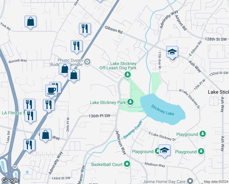 map of restaurants, bars, coffee shops, grocery stores, and more near 13313 21st Place West in Lynnwood