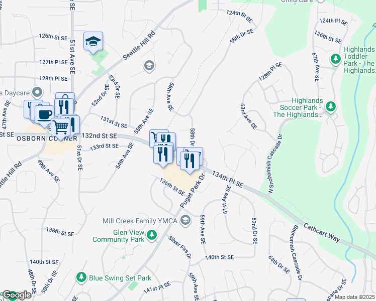 map of restaurants, bars, coffee shops, grocery stores, and more near 13228 58th Drive Southeast in Everett