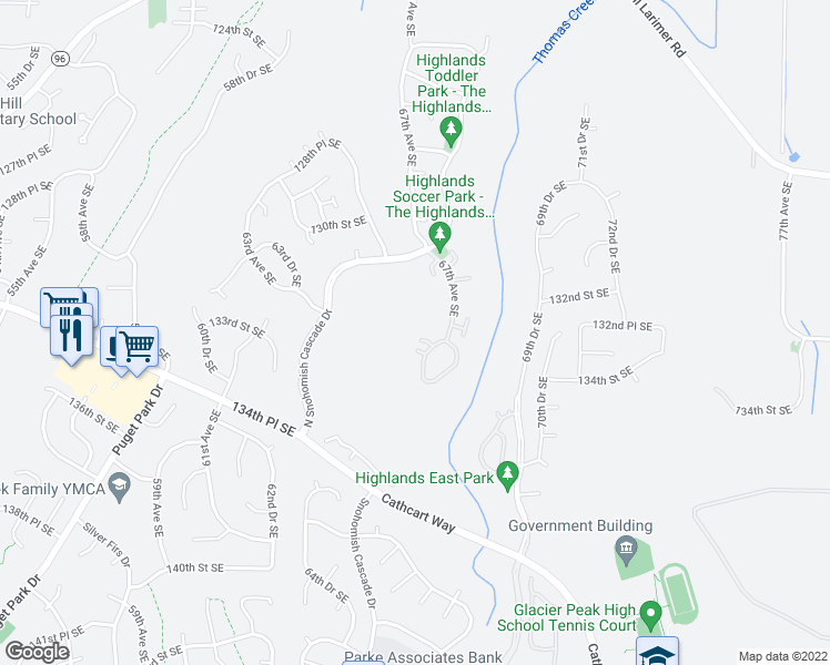 map of restaurants, bars, coffee shops, grocery stores, and more near 6611 133rd Street Southeast in Snohomish