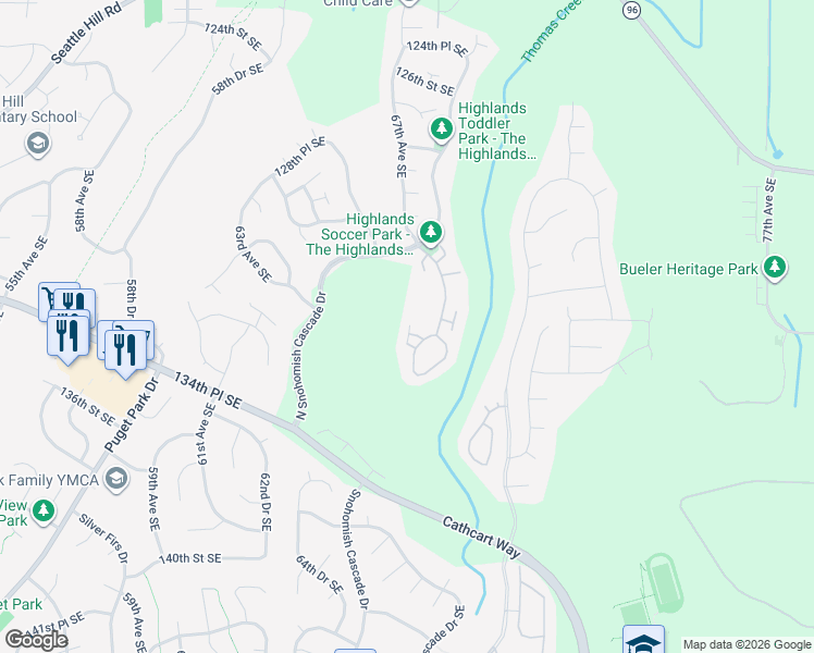 map of restaurants, bars, coffee shops, grocery stores, and more near 6611 133rd Street Southeast in Snohomish