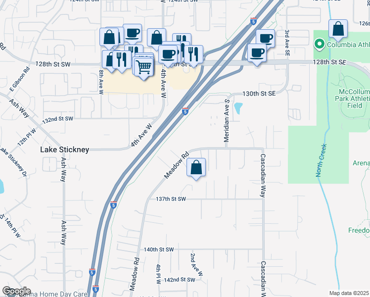 map of restaurants, bars, coffee shops, grocery stores, and more near 219 Meadow Place Southeast in Everett