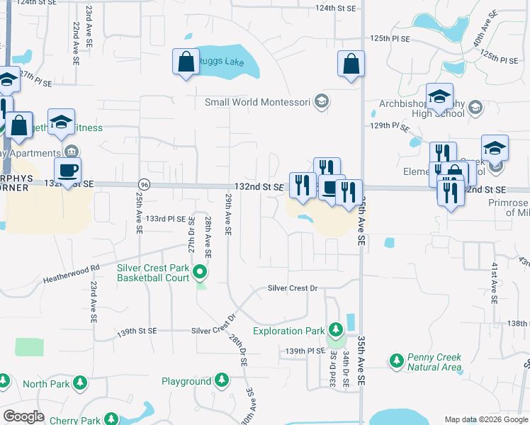 map of restaurants, bars, coffee shops, grocery stores, and more near 3025 133rd Place Southeast in Mill Creek